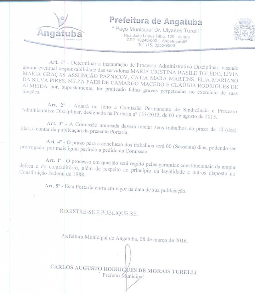 Artigo 1º da Portaria do prefeito Calá determinando  a instauração de processo.
